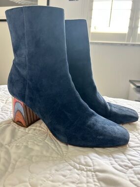 Charlotte Stone Navy Suede Ankle Boots with Patterned Block Heel